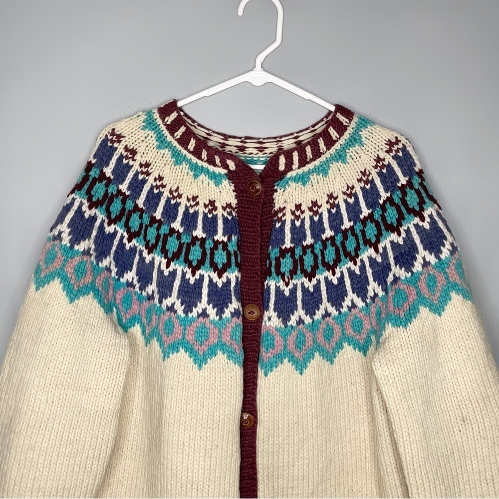 Amazing Hand Knit Wool Chunky Knit Cardigan Unisex One Size Fair Isle Ecuador - Picture 3 of 10